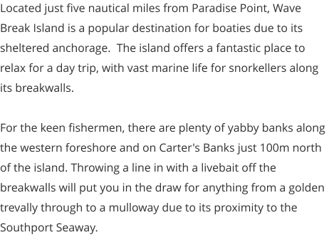 Located just five nautical miles from Paradise Point, Wave Break Island is a popular destination for boaties due to its sheltered anchorage.  The island offers a fantastic place to relax for a day trip, with vast marine life for snorkellers along its breakwalls.    For the keen fishermen, there are plenty of yabby banks along the western foreshore and on Carter's Banks just 100m north of the island. Throwing a line in with a livebait off the breakwalls will put you in the draw for anything from a golden trevally through to a mulloway due to its proximity to the Southport Seaway.
