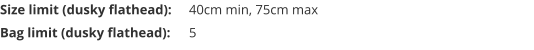 Size limit (dusky flathead):	40cm min, 75cm max Bag limit (dusky flathead):	5