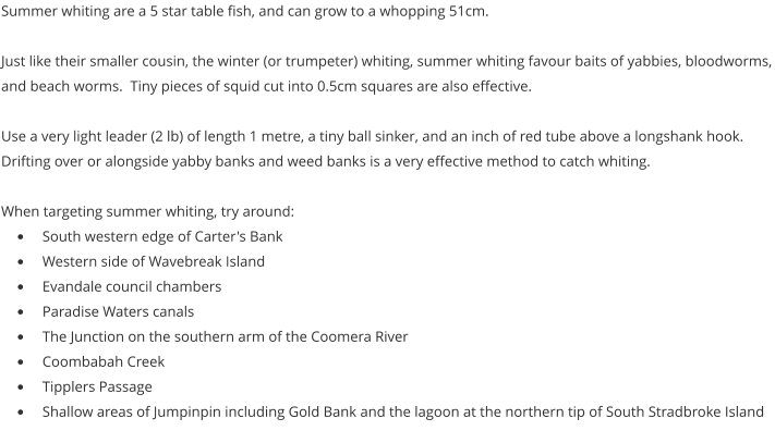 Summer whiting are a 5 star table fish, and can grow to a whopping 51cm.    Just like their smaller cousin, the winter (or trumpeter) whiting, summer whiting favour baits of yabbies, bloodworms, and beach worms.  Tiny pieces of squid cut into 0.5cm squares are also effective.  Use a very light leader (2 lb) of length 1 metre, a tiny ball sinker, and an inch of red tube above a longshank hook.   Drifting over or alongside yabby banks and weed banks is a very effective method to catch whiting.  When targeting summer whiting, try around: •	South western edge of Carter's Bank •	Western side of Wavebreak Island •	Evandale council chambers •	Paradise Waters canals •	The Junction on the southern arm of the Coomera River •	Coombabah Creek •	Tipplers Passage •	Shallow areas of Jumpinpin including Gold Bank and the lagoon at the northern tip of South Stradbroke Island