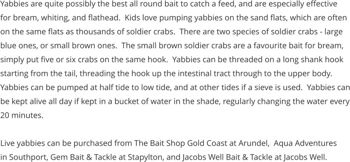 Yabbies are quite possibly the best all round bait to catch a feed, and are especially effective for bream, whiting, and flathead.  Kids love pumping yabbies on the sand flats, which are often  on the same flats as thousands of soldier crabs.  There are two species of soldier crabs - large  blue ones, or small brown ones.  The small brown soldier crabs are a favourite bait for bream,  simply put five or six crabs on the same hook.  Yabbies can be threaded on a long shank hook starting from the tail, threading the hook up the intestinal tract through to the upper body.  Yabbies can be pumped at half tide to low tide, and at other tides if a sieve is used.  Yabbies can be kept alive all day if kept in a bucket of water in the shade, regularly changing the water every 20 minutes.   Live yabbies can be purchased from The Bait Shop Gold Coast at Arundel,  Aqua Adventures in Southport, Gem Bait & Tackle at Stapylton, and Jacobs Well Bait & Tackle at Jacobs Well.
