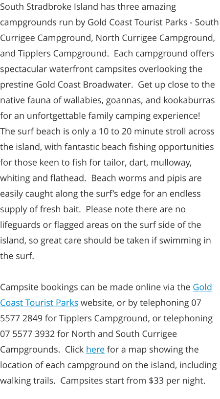 South Stradbroke Island has three amazing campgrounds run by Gold Coast Tourist Parks - South Currigee Campground, North Currigee Campground, and Tipplers Campground.  Each campground offers spectacular waterfront campsites overlooking the prestine Gold Coast Broadwater.  Get up close to the native fauna of wallabies, goannas, and kookaburras for an unfortgettable family camping experience!  The surf beach is only a 10 to 20 minute stroll across the island, with fantastic beach fishing opportunities for those keen to fish for tailor, dart, mulloway, whiting and flathead.  Beach worms and pipis are easily caught along the surf’s edge for an endless supply of fresh bait.  Please note there are no lifeguards or flagged areas on the surf side of the island, so great care should be taken if swimming in the surf.  Campsite bookings can be made online via the Gold Coast Tourist Parks website, or by telephoning 07 5577 2849 for Tipplers Campground, or telephoning 07 5577 3932 for North and South Currigee Campgrounds.  Click here for a map showing the location of each campground on the island, including walking trails.  Campsites start from $33 per night.